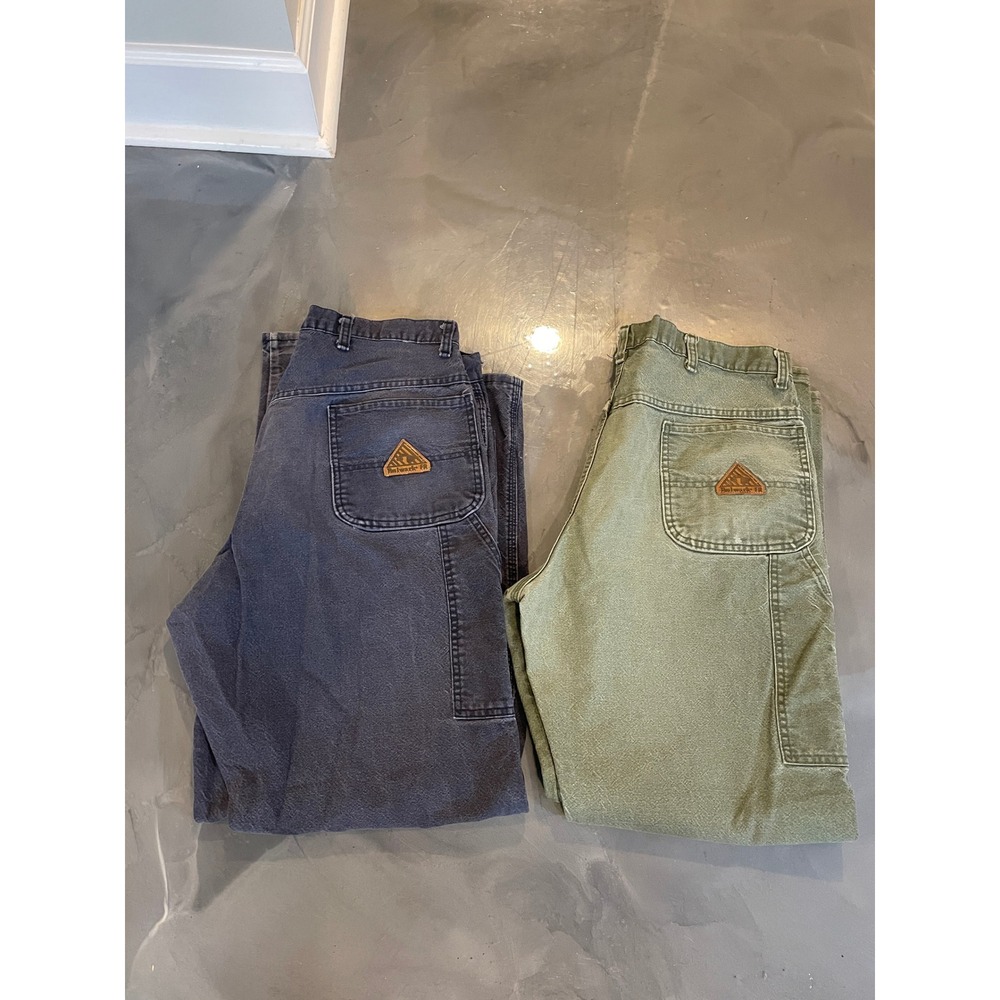 Bulwark FR Mens Carpenter Pants Canvas Lot of 2 Blue Green 38x33 Workwear